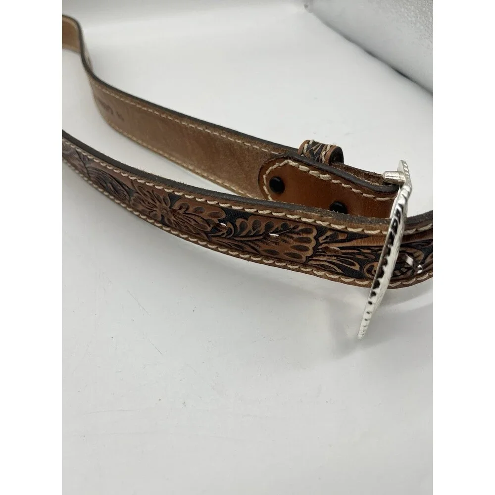 Tony Lama Tooled Floral Leather Mens Western Belt Size 38 Brown Silver C40064